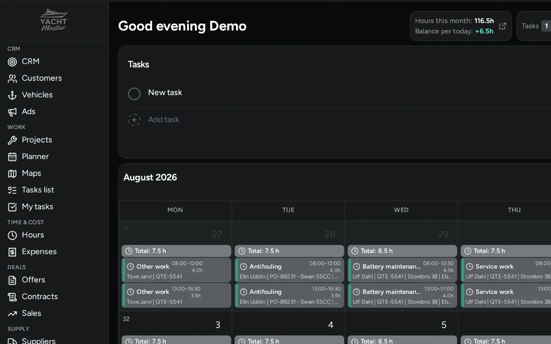 The YachtMaster ERP dashboard — tasks, hours and a yard planner
